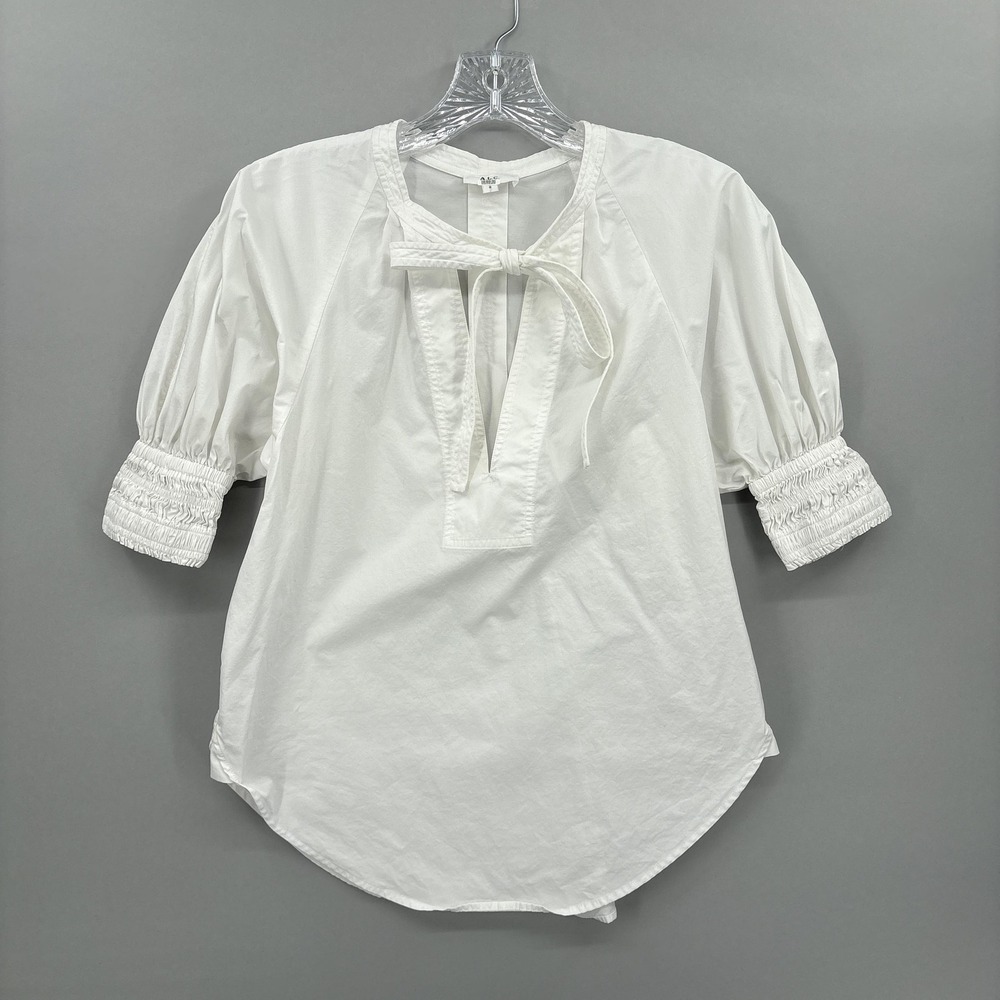 A.L.C. Blouse Womens 0 White V Neck Bow Tie Balloon Sleeve Tunic Top Cotton